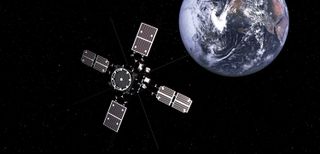 An artist's illustration of the Japan Aerospace Exploration Agency's Exploration of energization and Radiation in Geospace satellite (ERG) satellite in Earth orbit. The satellite will study Earth's Van Allen radiation belts to see how geomagnetic storms form in the planet's magnetic field.