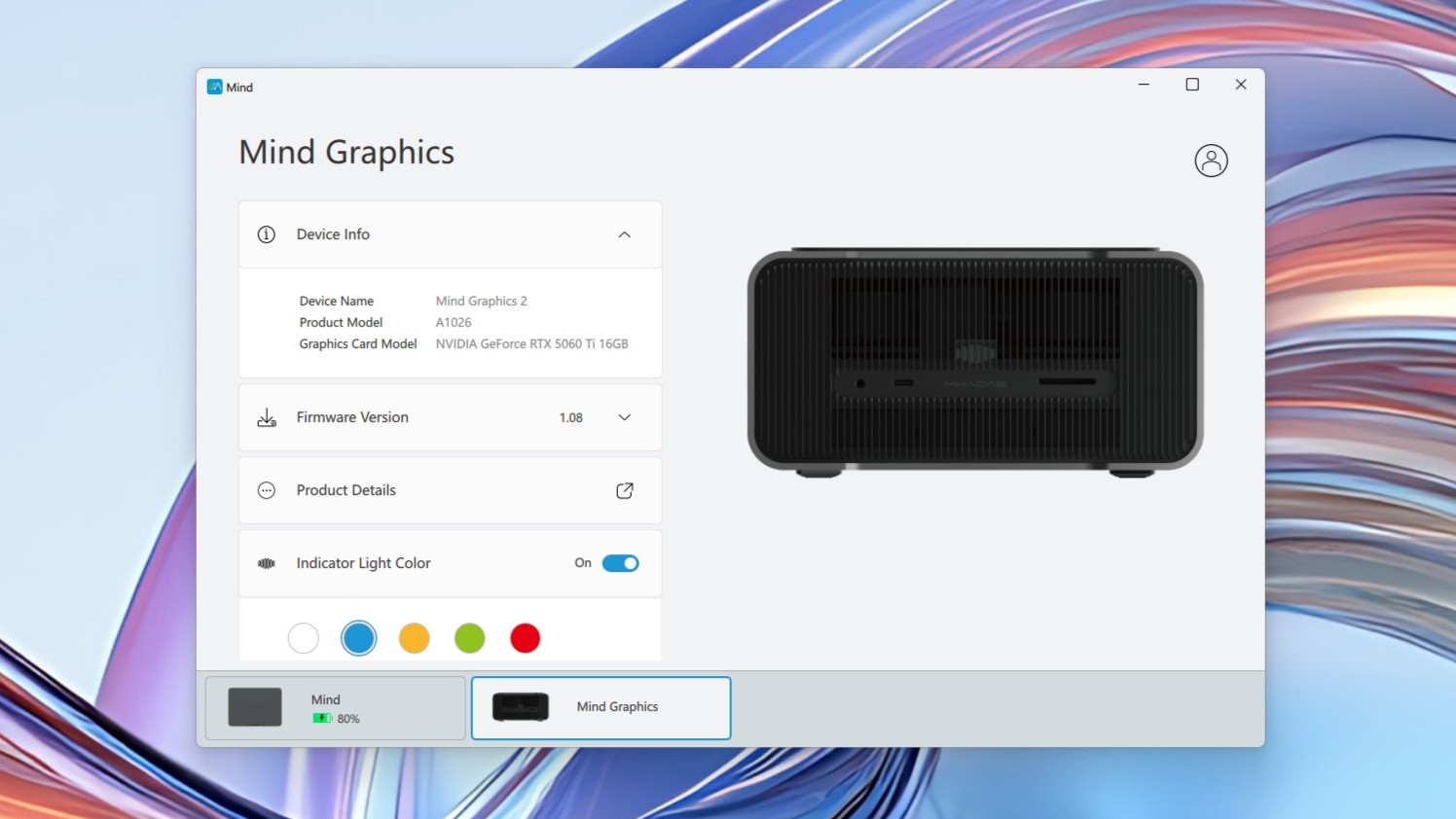 A screenshot showing how you can configure and tweak the Mind Graphics 2 in Khadas' Mind app