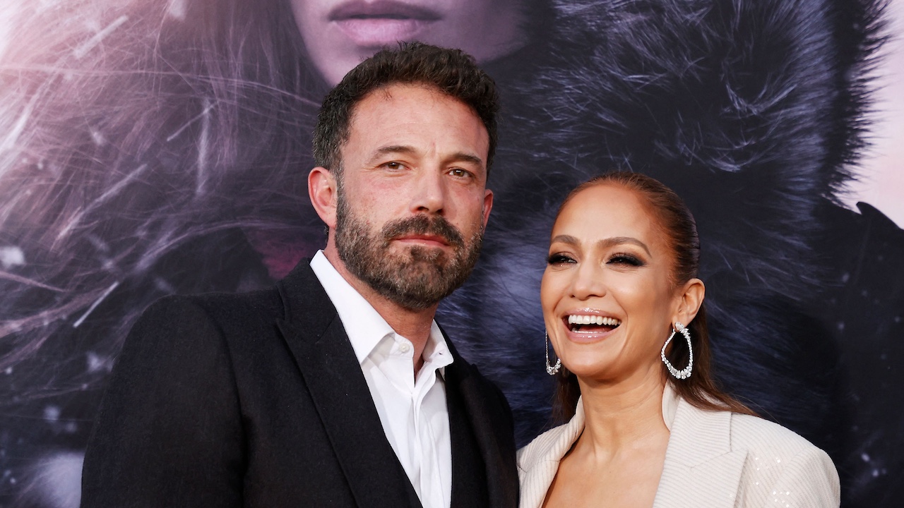 JLo and Affleck posing at the premiere of The Mother