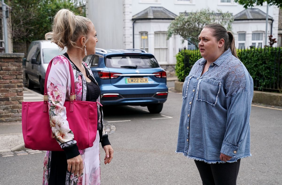 Linda Carter being confronted by Bernie Taylor in Albert Square