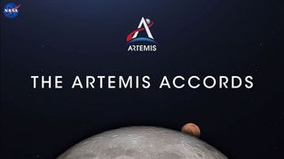 Graphic showing the the artemis accords logo above white text reading "the artemis accords", the surface of the moon is seen in the lower portion of the image and a distant Mars peeks out from the surface of the moon. 