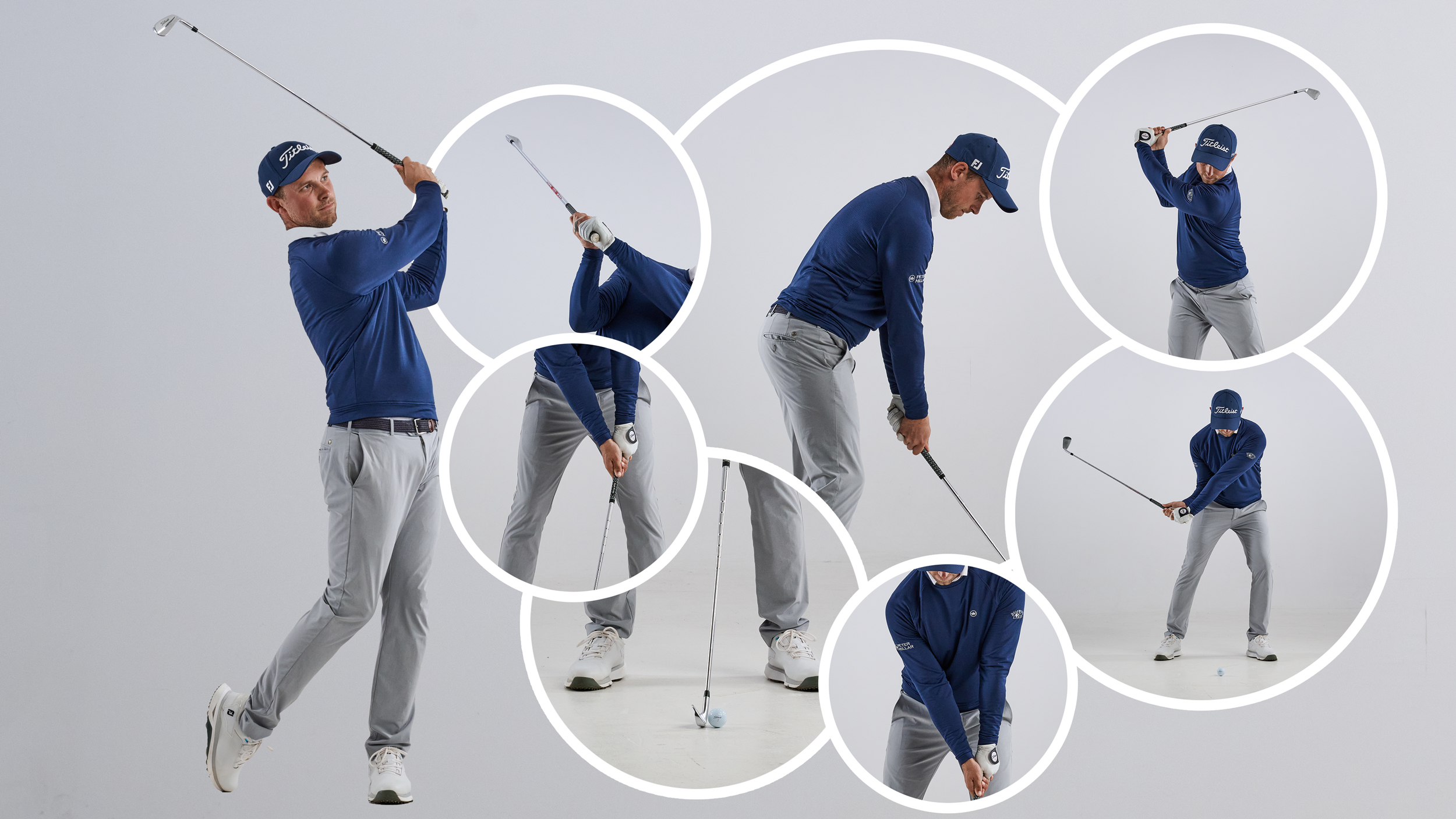 Tour Coach Alex Buckner demonstrating different ways you can experiment with your golf swing using his simple checklist formula, with an inset image of Alex hitting a golf shot