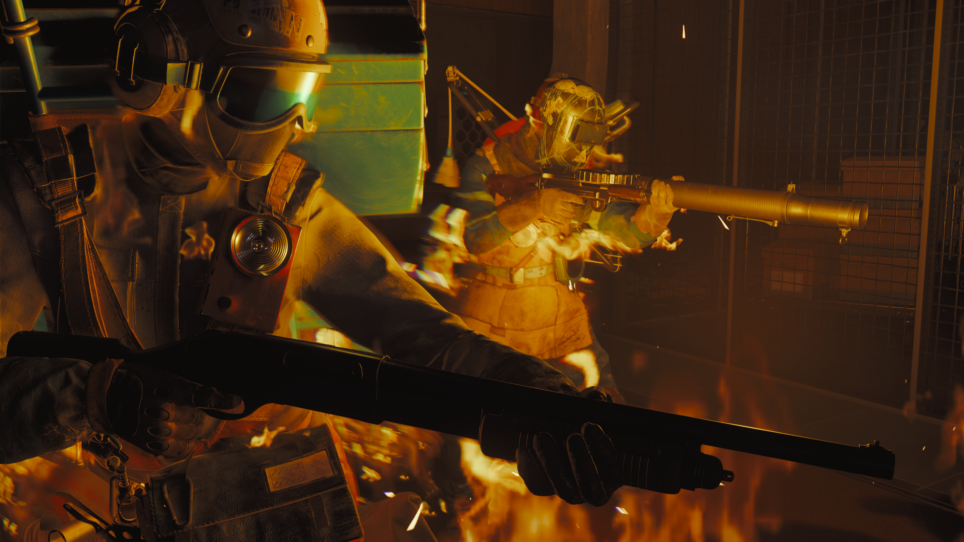 Two players wearing gas masks wield raised shotguns