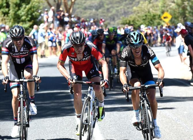 Cadel Evans (BMC) tries to get clear on the final ascent into Paracombe