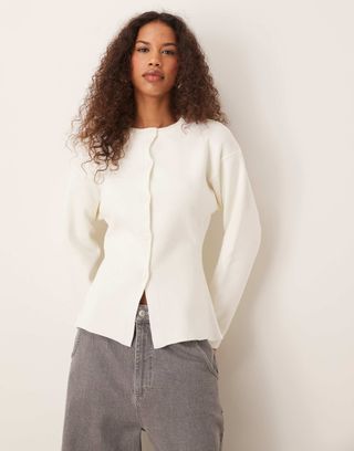 Asos Design Knitted Structured Crew Neck Cardigan in Cream