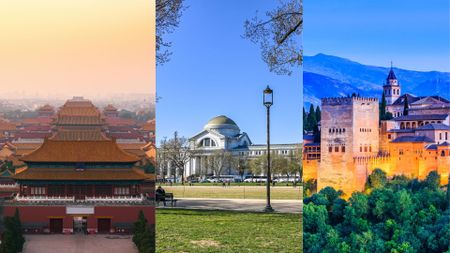 3 pictures of museums across the world. L-R: The Palace Museum in China, The Smithsonian National Museum of Natural History in USA and the Alhambra in Spain.