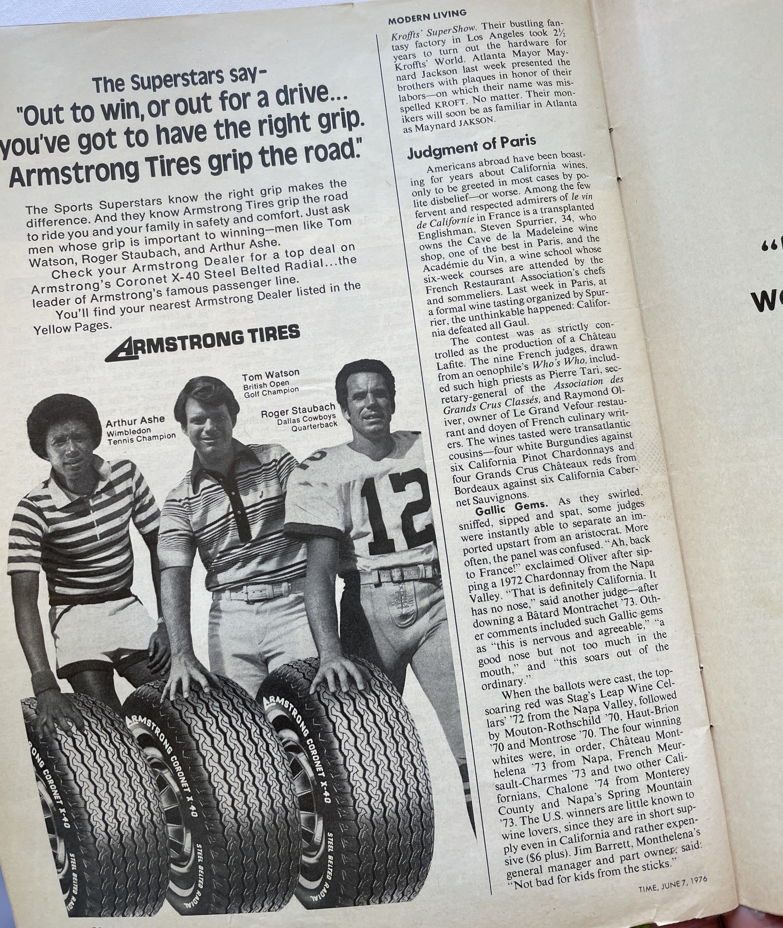 A photograph of an original issue of Time magazine's 1976 column on the Judgment of Paris tasting