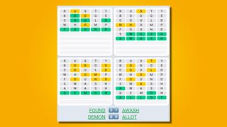 Quordle daily sequence answers for game 515 on a yellow background