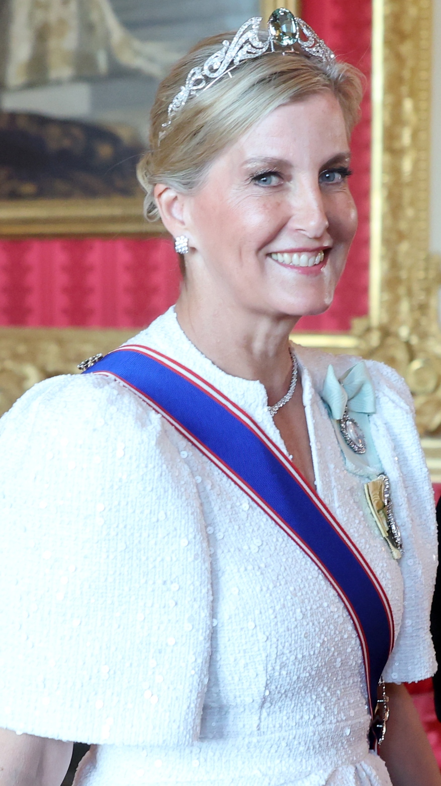 Sophie, Duchess of Edinburgh smiles as she attends the State Banquet at Windsor Castle on July 08, 202