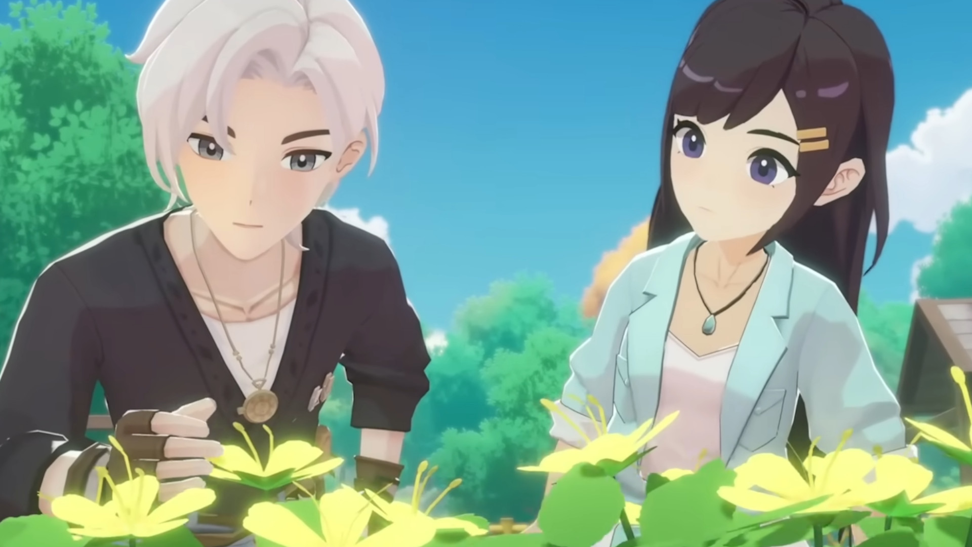 Graminova and the player looking at a yellow flower during a cutscene shown in a trailer for Starsand Island