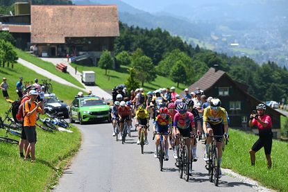 KUSNACHT, SWITZERLAND - JUNE 15: (L-R) Niamh Fisher-Black of New Zealand and Team Lidl - Trek, Katarzyna Niewiadoma of Poland and Team CANYON/SRAM zondacrypto and Marlen Reusser of Switzerland and Team Movistar - Yellow Leader Jersey compete in the breakaway climbing to the Michaelskreuzstrasse (774m) during the 5th Tour de Suisse Women 2025, Stage 4 a 129.4km at stage from Kusnacht to Kusnacht / #UCIWWT / on June 15, 2025 in Kusnacht, Switzerland. (Photo by Tim de Waele/Getty Images)