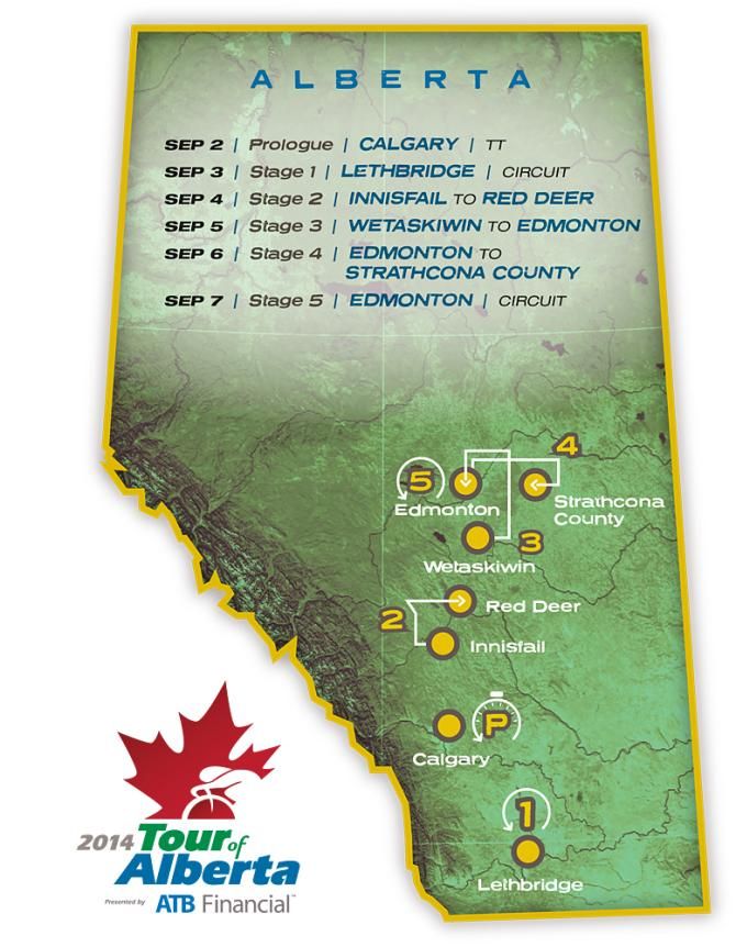 The official start and finish cities of the 2014 Tour of Alberta's official
