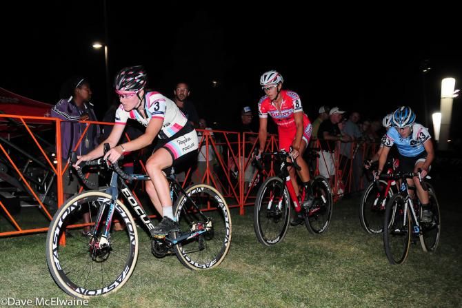 Gabby Durrin (Rapha Focus) leading the main chase group on the final lap