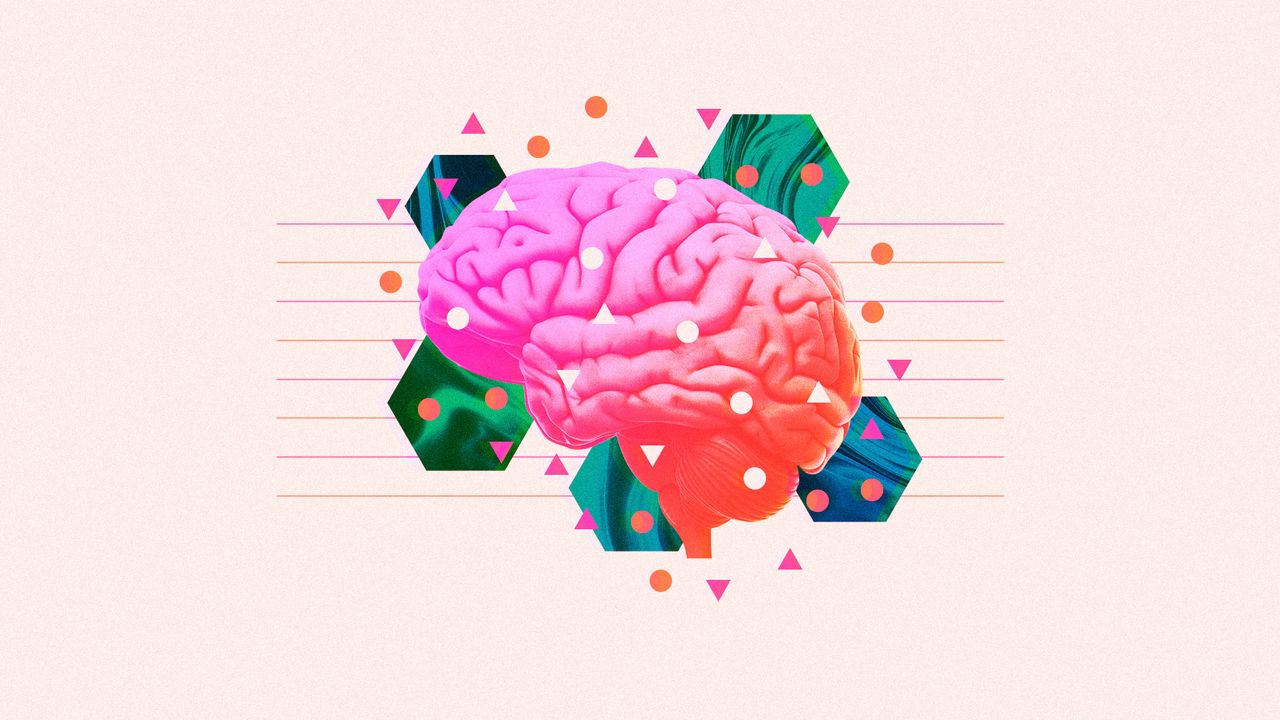 Illustration of a brain covered in microplastic particles