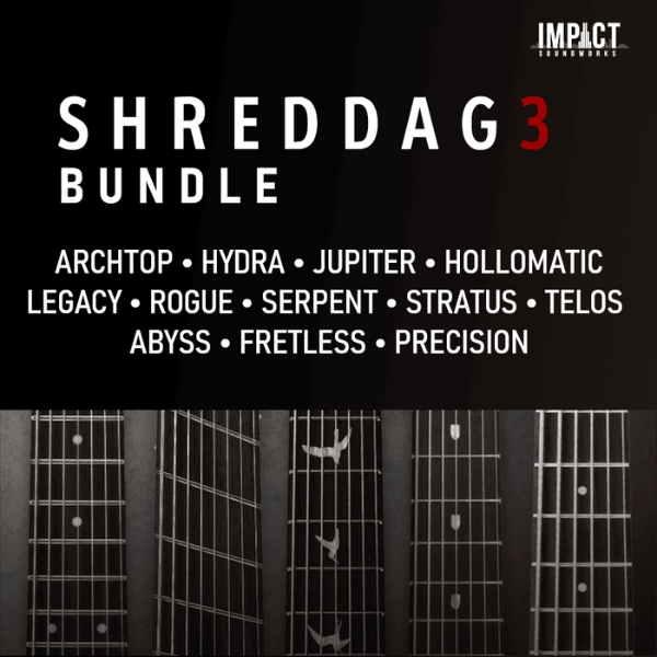 A promo image for Impact Soundworks Shreddage 3 Bundle guitar VST