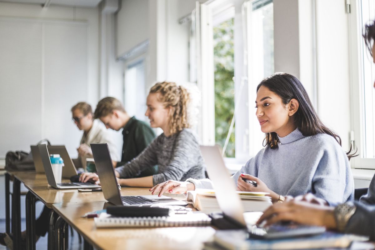 Digital apprenticeships concept art showing students in a classroom on laptops