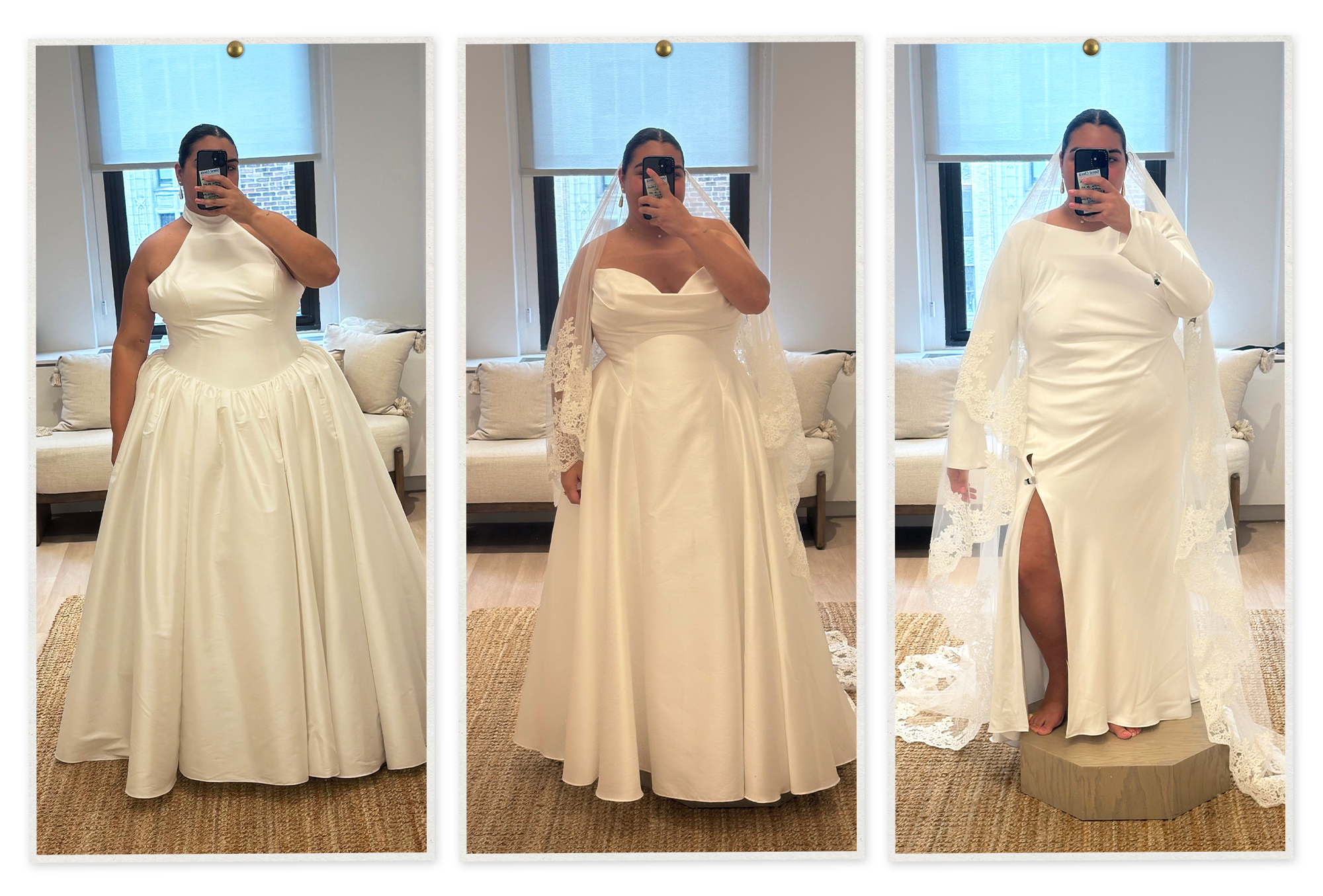 Editor Ana Escalante trying on plus-size wedding dresses.
