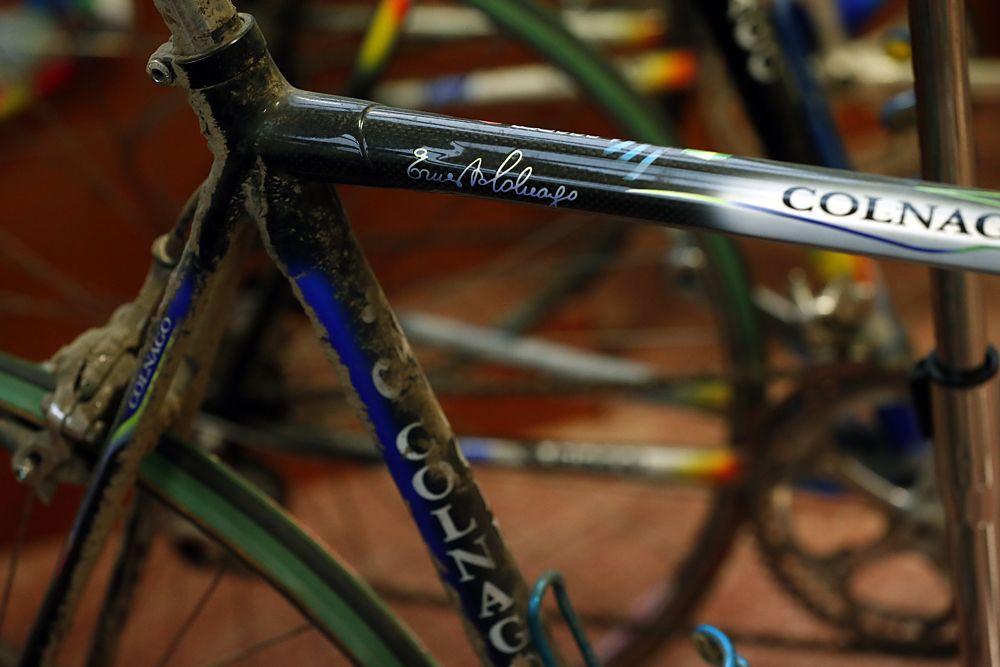 Ballerini's bike is signed and still caked with mud from Paris-Roubaix
