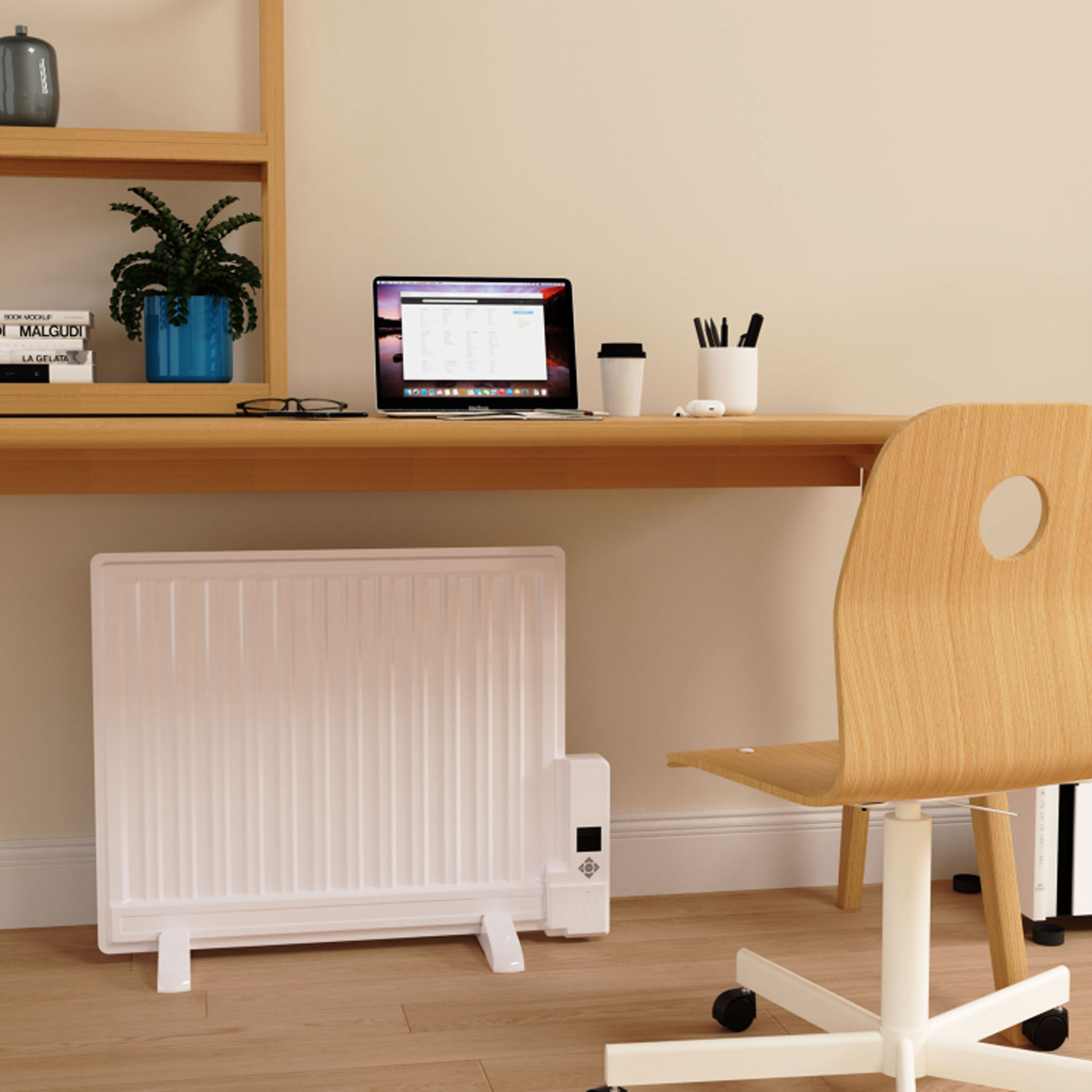 home office with oil filled radiator under desk