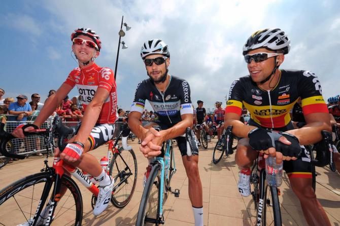A triio of Belgians: Jurgen van den Broeck, Tom Boonen and Jens Debusschere (Lotto-Belisol)