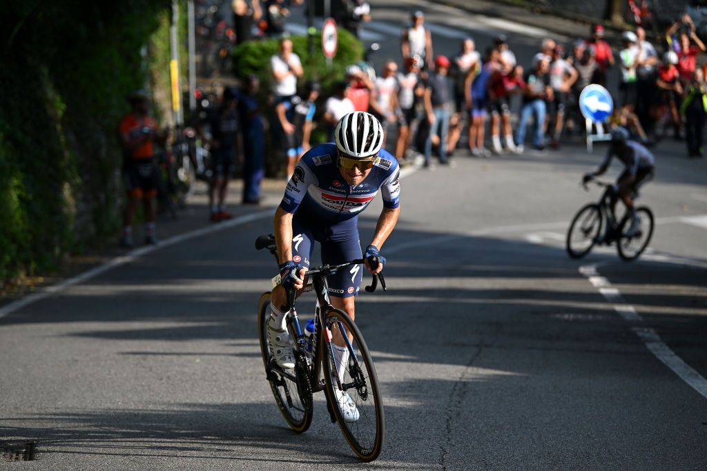 VARESE ITALY OCTOBER 03 Ilan Van Wilder of Belgium and Team Soudal Quick Step attacks during the 102nd Tre Valli Varesine 2023 a 19654km one day race from Busto Arsizio to Varese on October 03 2023 in Varese Italy Photo by Dario BelingheriGetty Images