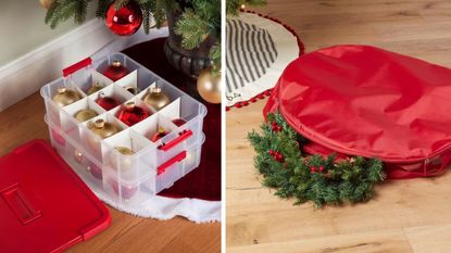 Christmas ornaments in plastic box and wreath in red bag