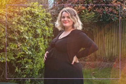 Plus size and pregnant woman in garden smiling at camera