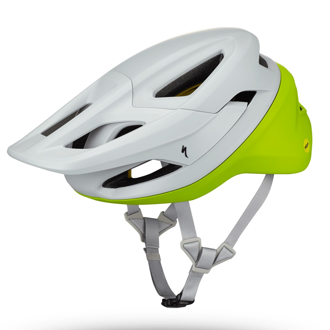 Specialized Camber MIPS MTB helmet in green and white.