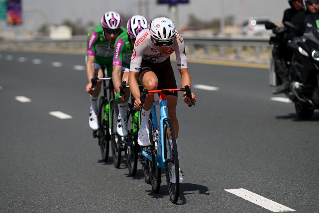 DUBAI HARBOUR UNITED ARAB EMIRATES FEBRUARY 23 Alex Baudin of France and Ag2R Citroen Team competes in the breakaway during the 5th UAE Tour Stage 4 a 174km stage from Al Shindagha to Dubai Harbour UAETour UCIWT on February 23 2023 in Dubai Harbour United Arab Emirates Photo by Dario BelingheriGetty Images