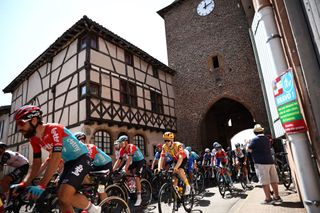Riders take the start of the fifth stage of the 75th edition of the Criterium du Dauphine cycling race 1915km between CormoranchesurSaone and SalinsLesBains on June 8 2023 Photo by AnneChristine POUJOULAT AFP Photo by ANNECHRISTINE POUJOULATAFP via Getty Images