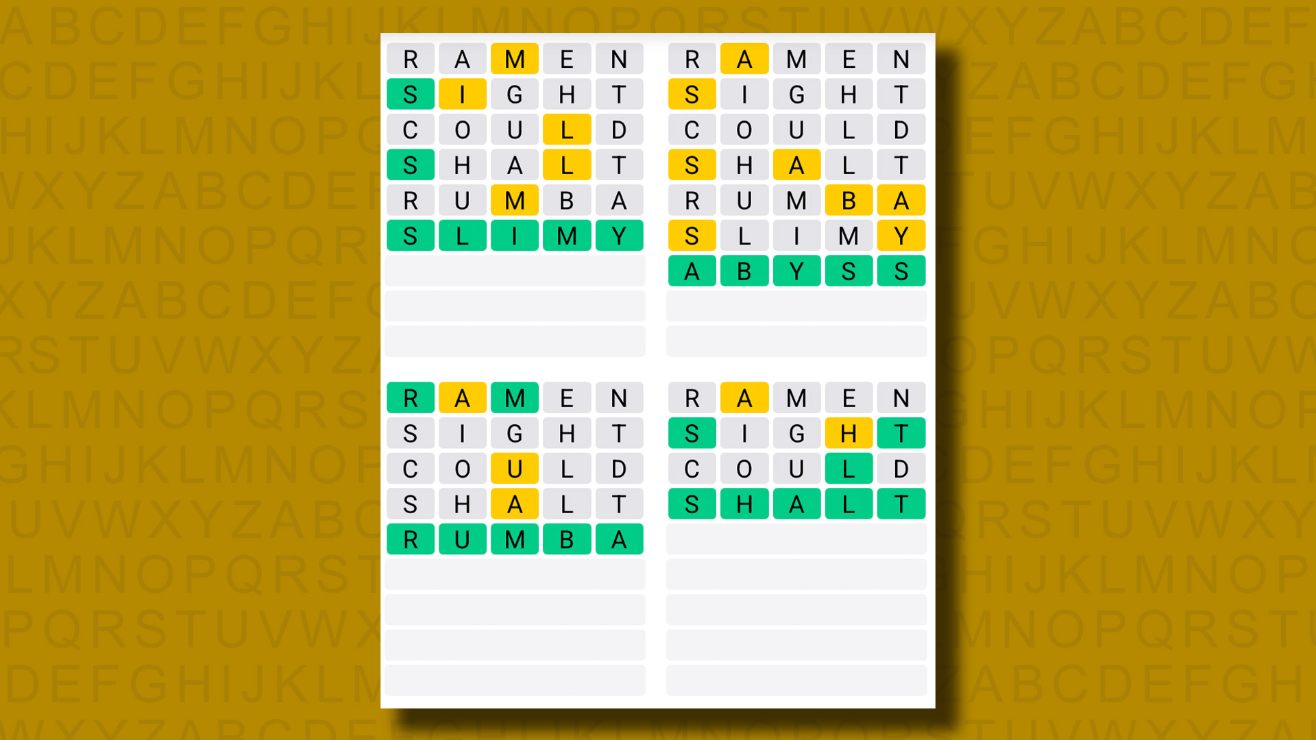 Quordle answers for game 1340 on a yellow background