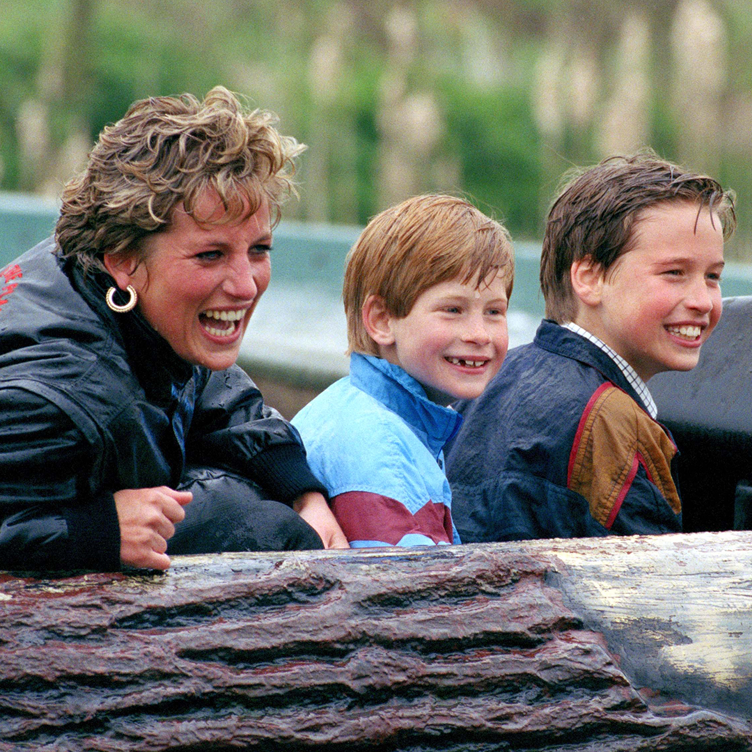 Diana Princess Of Wales, Prince William & Prince Harry Visit The 'Thorpe Park' Amusement Park. (Photo by Julian Parker/UK Press via Getty Images)