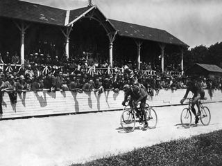The finish of one of many team time trials in the 1927 Tour de France. This is stage three from Le Havre to Caen.