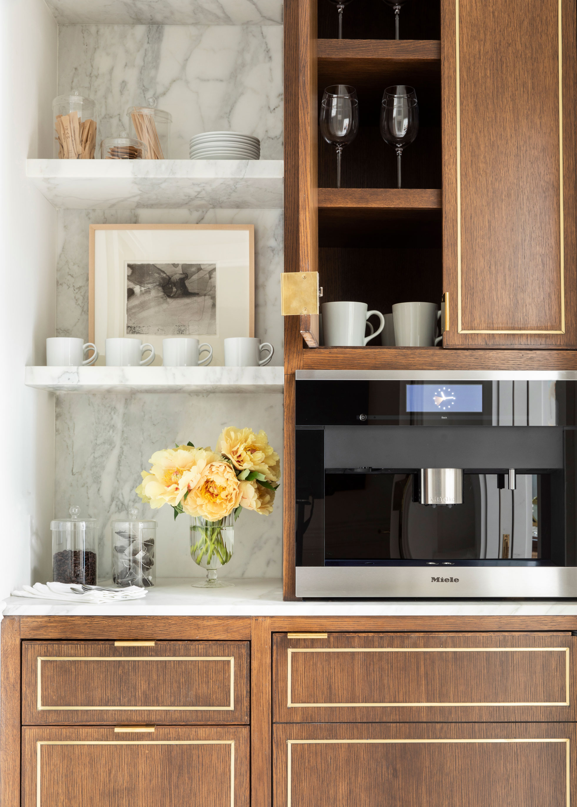 a coffee bar with a built in coffee machine