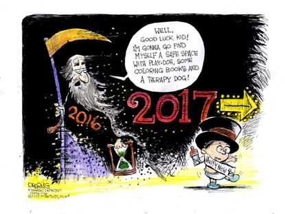 Editorial cartoon U.S. 2016 recovering New Year 2017