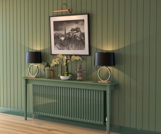 painted green tongue and groove wall panelling with console shelf, skirting and radiator painted in same shade of green
