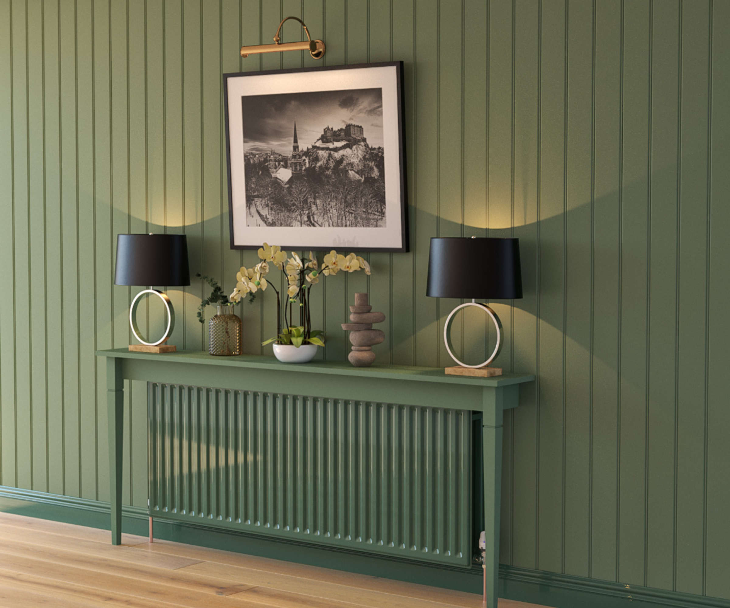 painted green tongue and groove wall panelling with console shelf, skirting and radiator painted in same shade of green