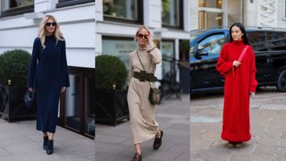 A composite of street style influencers showing winter outfit ideas a sweater dress