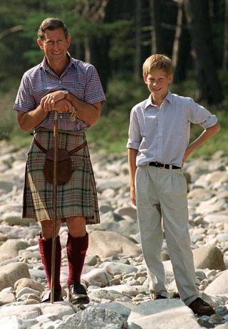 Prince Charles With Prince Harry At Polvier, By The River Dee, Balmoral Castle Estate