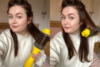 Freelance beauty editor Lucy demonstrating how to use a blow dryer brush to style hair