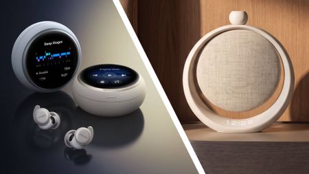 The Anker Sleep 4 earbuds on a table next to the Anker SleepLab speaker on a bedside table