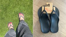 Caroline Parr wearing Archies flip flops, and an image of them on a wooden floor