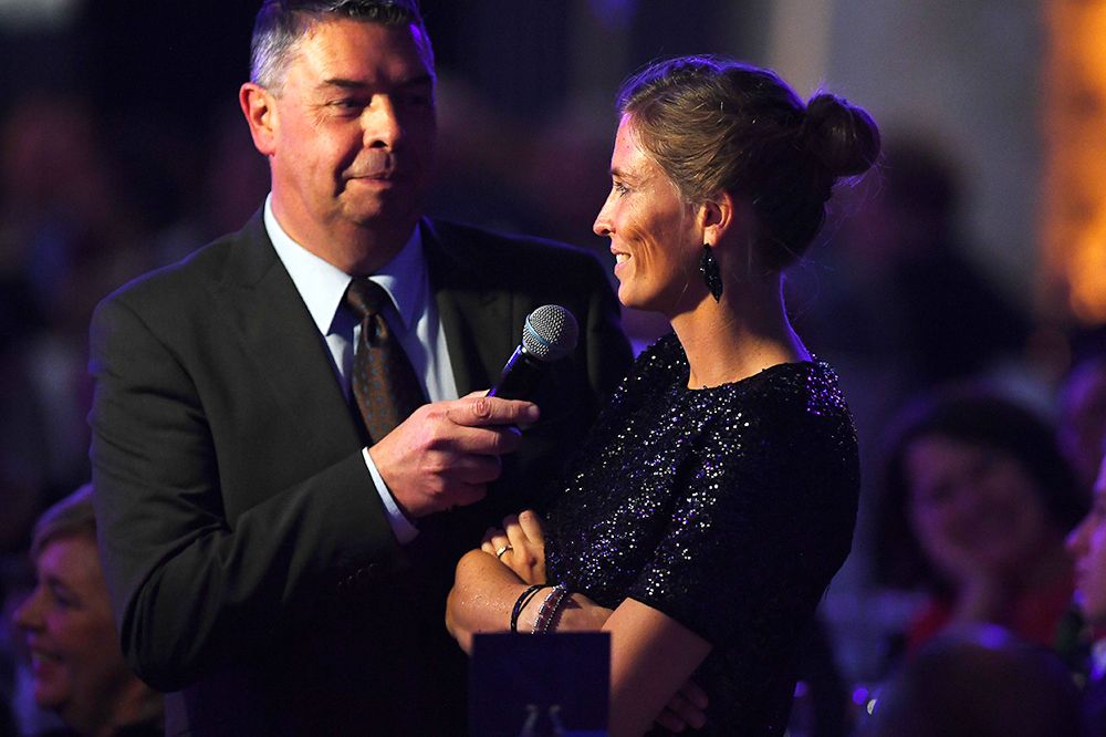 Ellen Van Avermaet speaks at her husband Greg's award ceremony