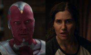 Paul Bettany as Vision in Wanda Vision and Kathryn Newton looking shocked in Agatha All Along