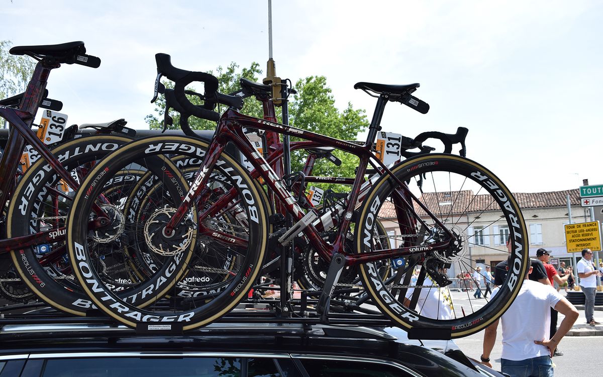 Trek-Segafredo's first choice race bikes feature a marbled red design from Trek custom paint program