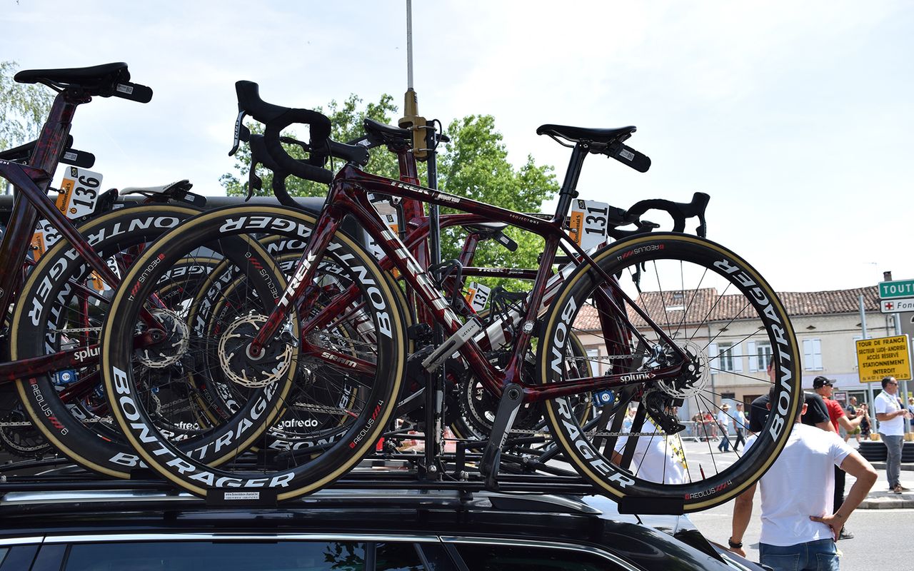 Trek-Segafredo's first choice race bikes feature a marbled red design from Trek custom paint program