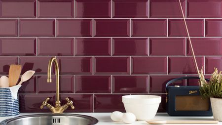 Plum tiles on kitchen splashback by Tile Mountain