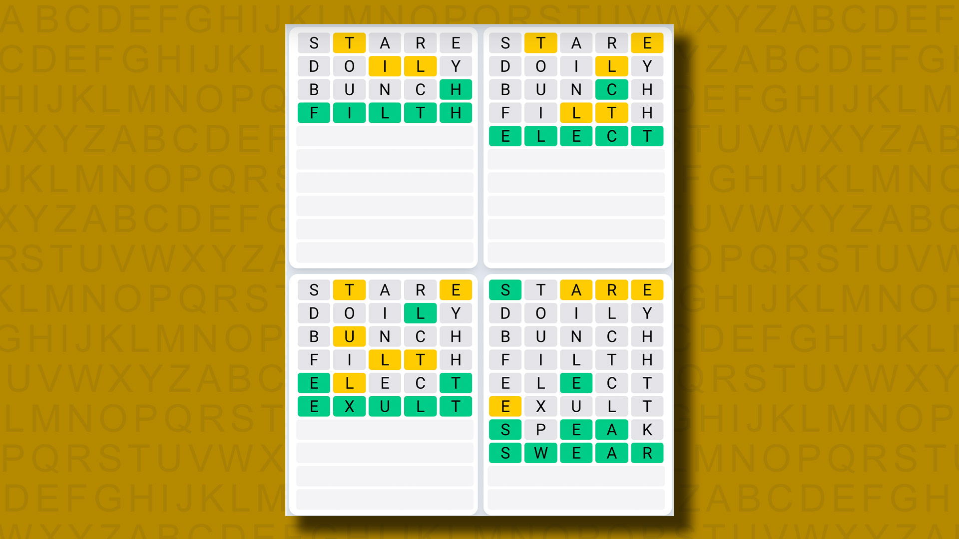 Quordle's answers for the game 929 on a yellow background