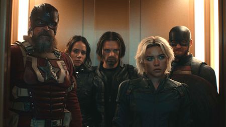 Red Guardian, Ghost, Bucky Barnes, Yelena and U.S. Agent in an elevator in Thunderbolts*