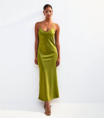 Olive Satin Twist Back Slip Midi Dress